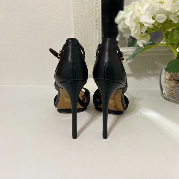 BCBG MAXAZRIA Black Leather Gold Stud Strappy Heels Stilettos Forrester 10B - Picture 3 of 11